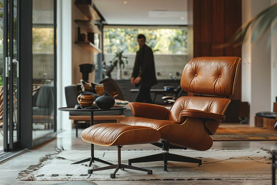 Modern leather lounge chair with storage ottoman